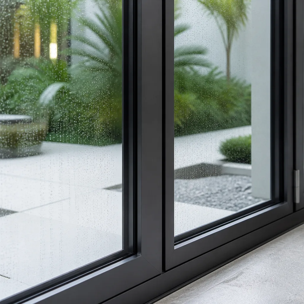 Modern dark-framed glass window installation overlooking a patio garden.