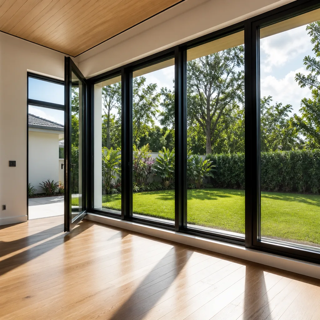 Modern black-framed glass window and door installation in a residential room