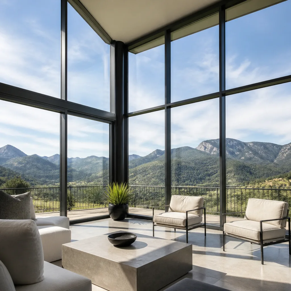 Modern floor-to-ceiling glass wall window installation with mountain view