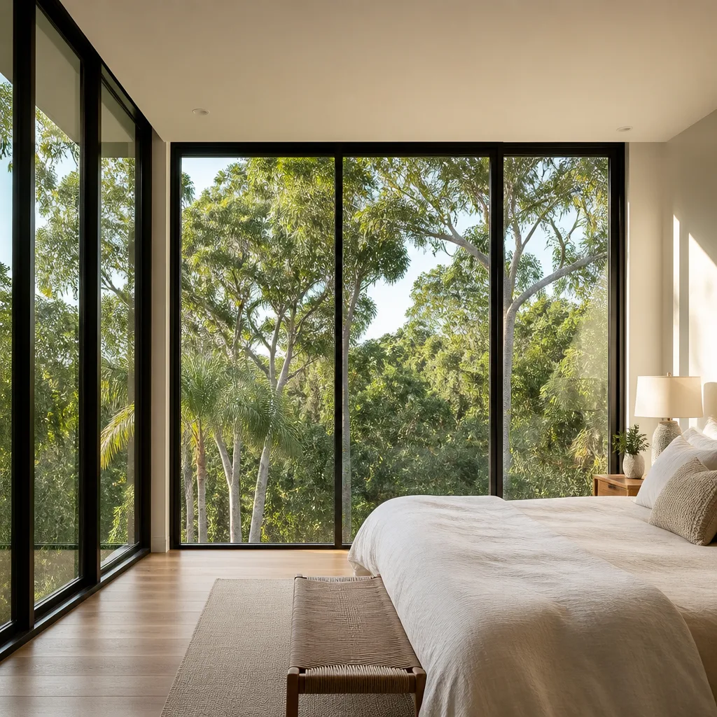 Modern floor-to-ceiling black frame residential windows in a minimalist bedroom